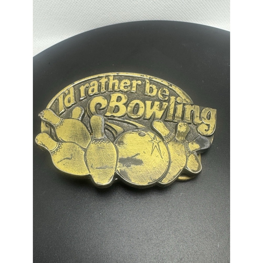 Vtg 1984 "I'D RATHER BE BOWLING"  Brass Belt‎ Buckle USA MADE - Serial Numbered